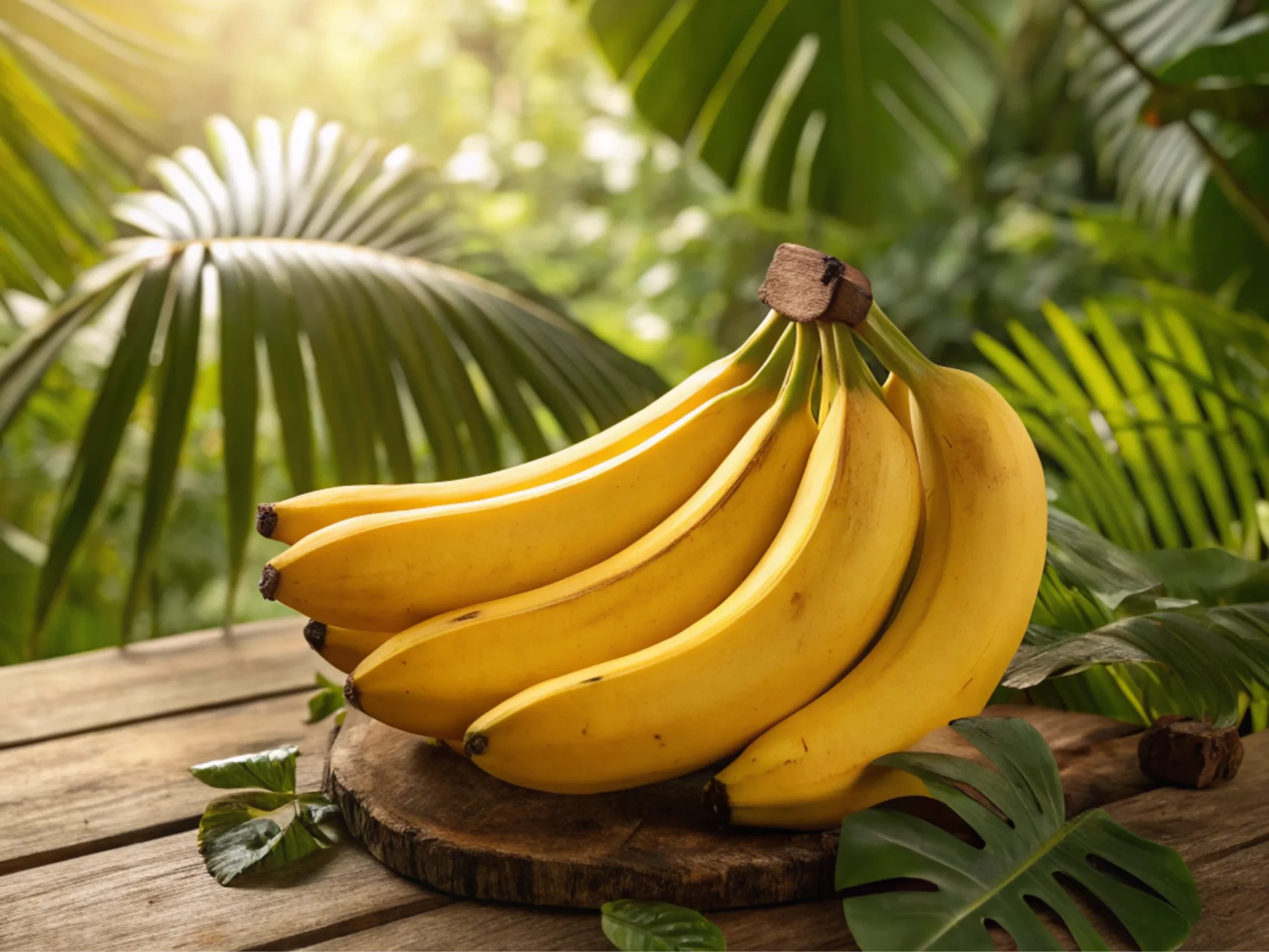 A bunch of ripe Hawaii bananas on a rustic wooden table with tropical leaves and warm lighting