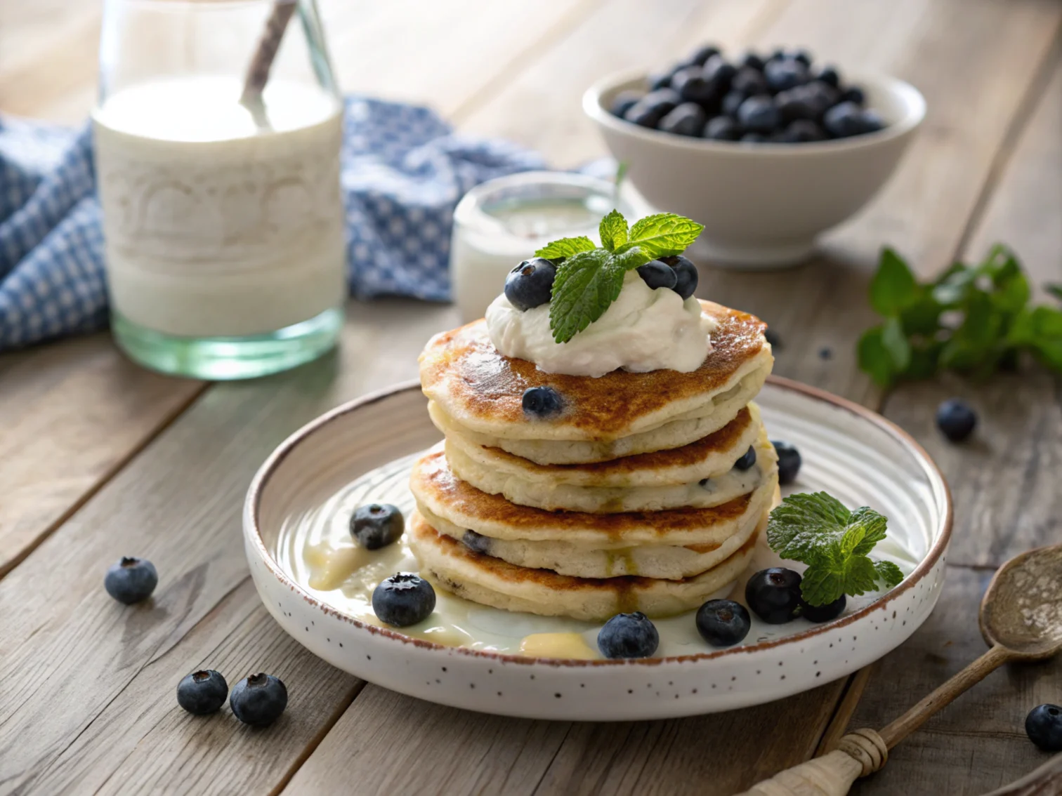 Stack of fluffy kefir pancakes topped with whipped cream and fresh blueberries on a rustic table.