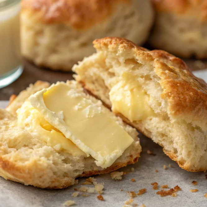 A muffin with a golden crust and fluffy interior.