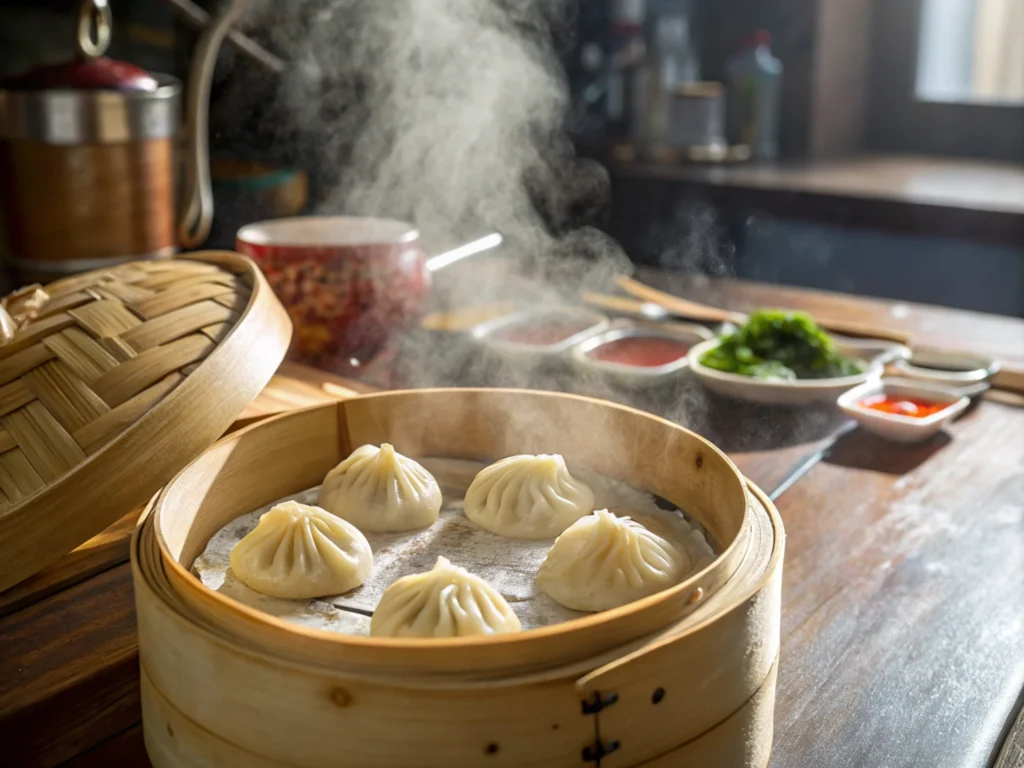 Dumplings steaming in a bamboo steamer with visible steam and water droplets