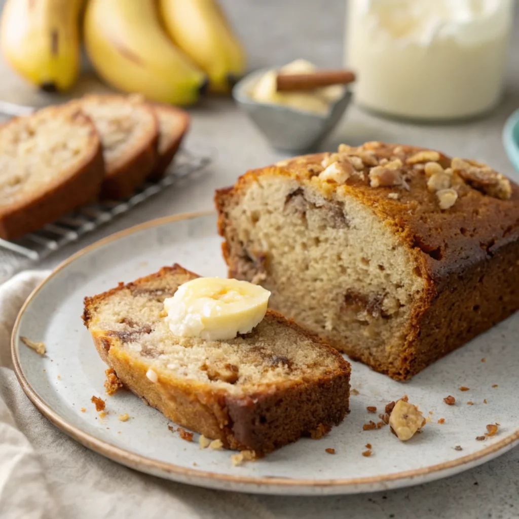 Close-up of a slice of banana bread with butter