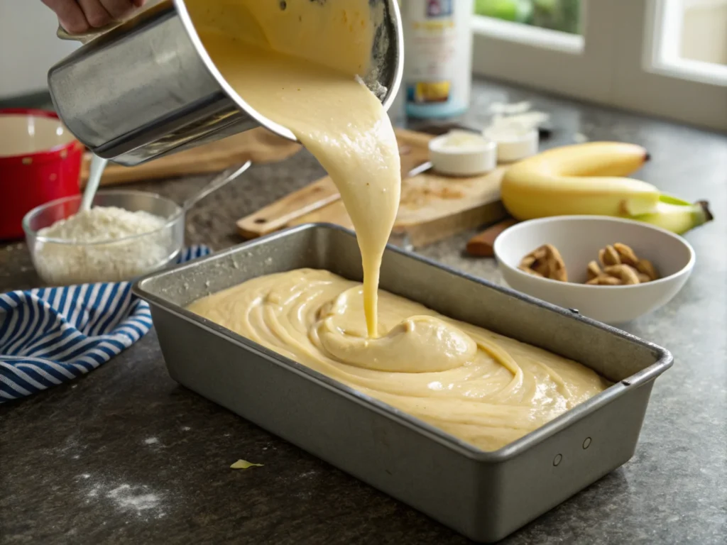 Batter being poured into a loaf pan