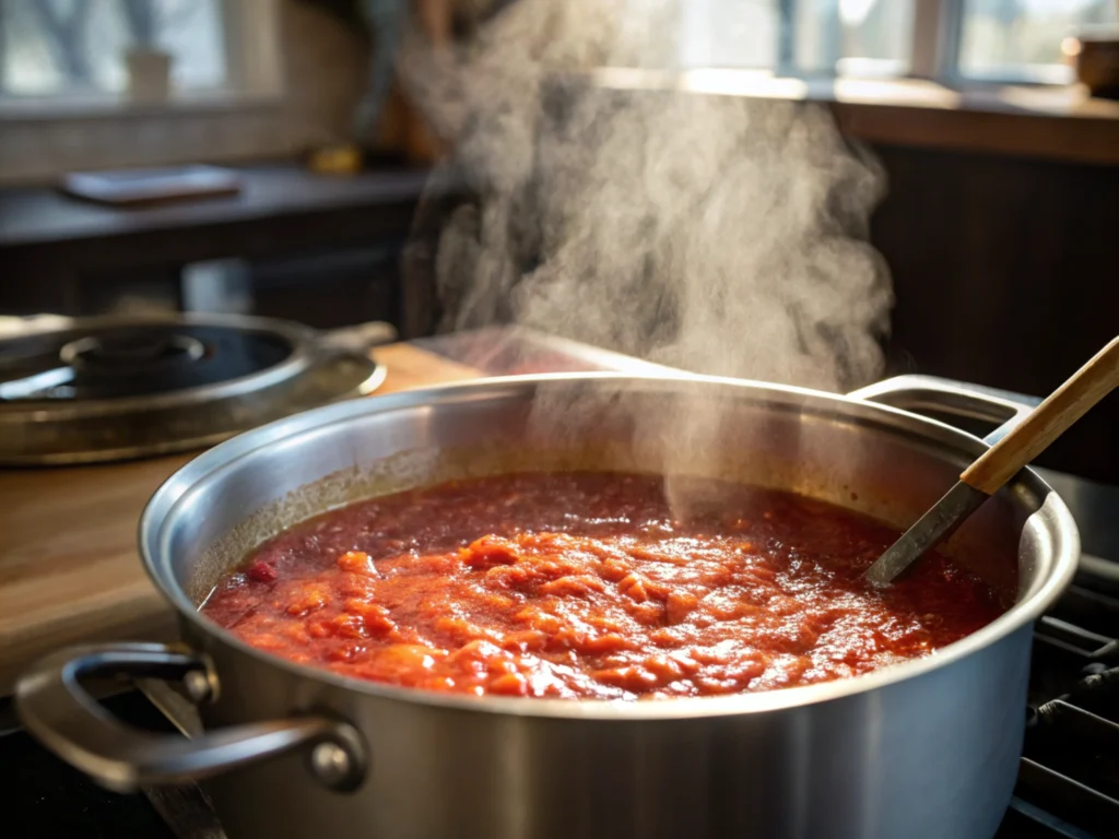 Hot sauce simmering in a saucepan.