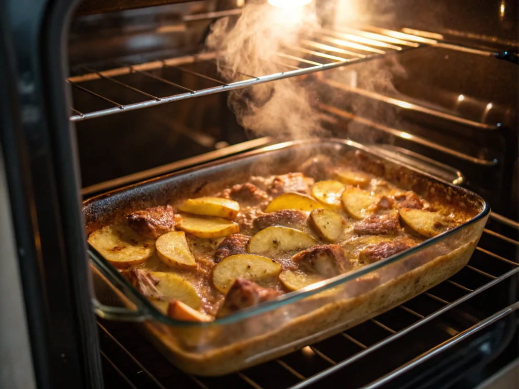 Pork and apple casserole baking in the oven with bubbling layers and steam