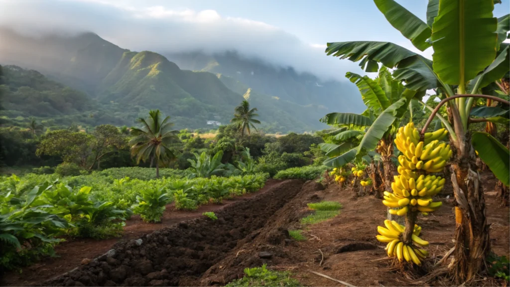 A banana grove in Maui’s volcanic soil, featuring clusters of yellow bananas and tropical greenery with misty mountains in the background.