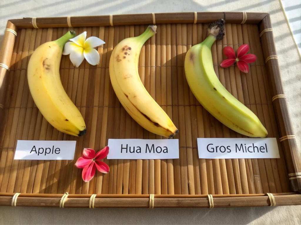 Three distinct banana varieties displayed on a bamboo tray with small name tags.