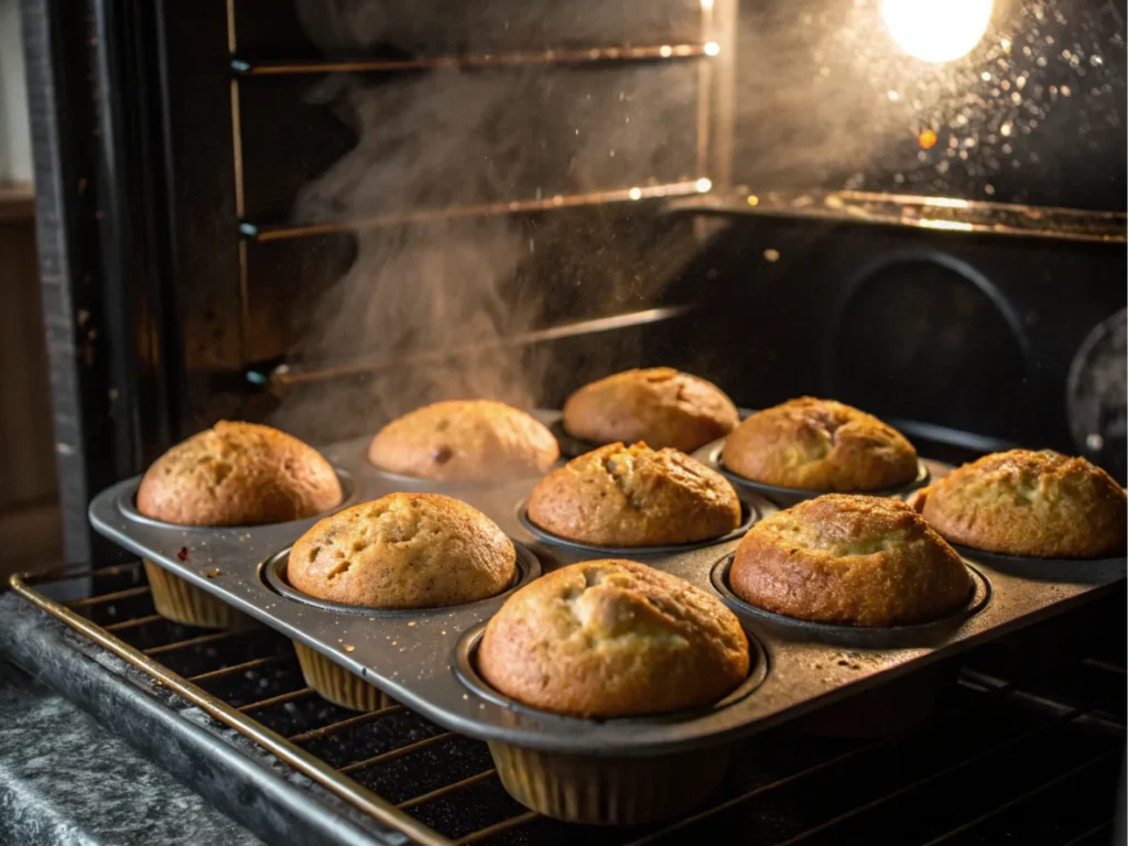 Muffins baking in an oven with golden tops.