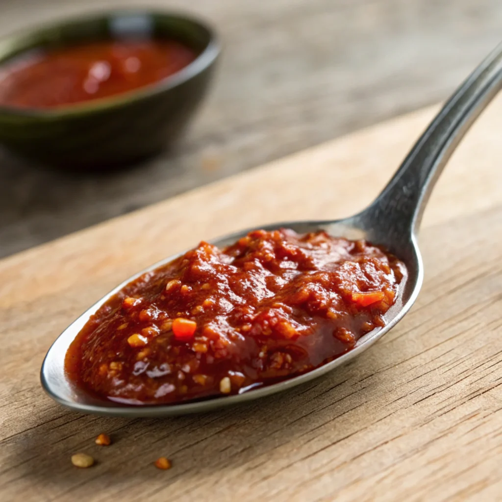 Close-up of red sauce on a spoon.