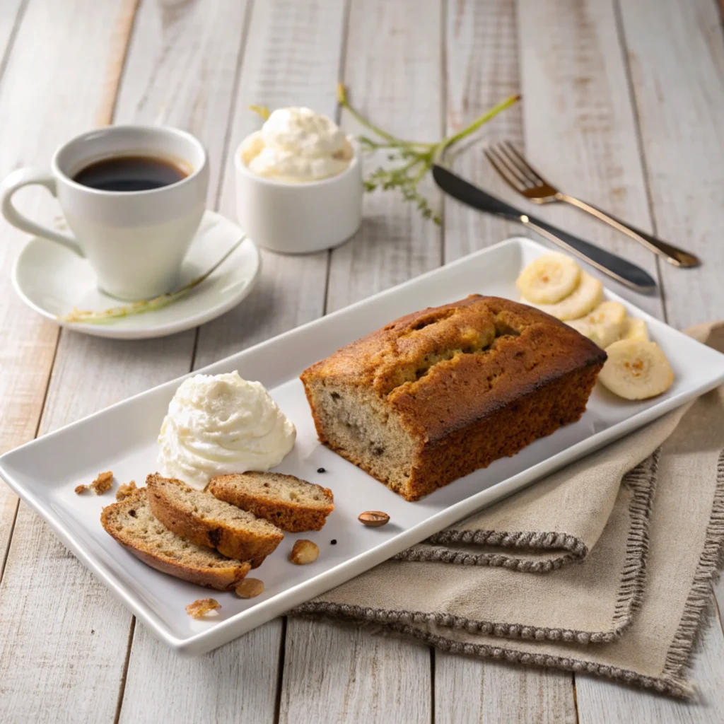 Banana bread served with whipped cream and coffee