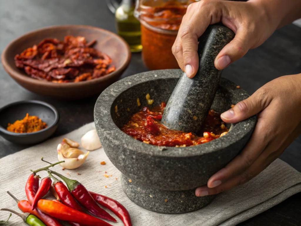 Hands grinding chilies in a stone mortar