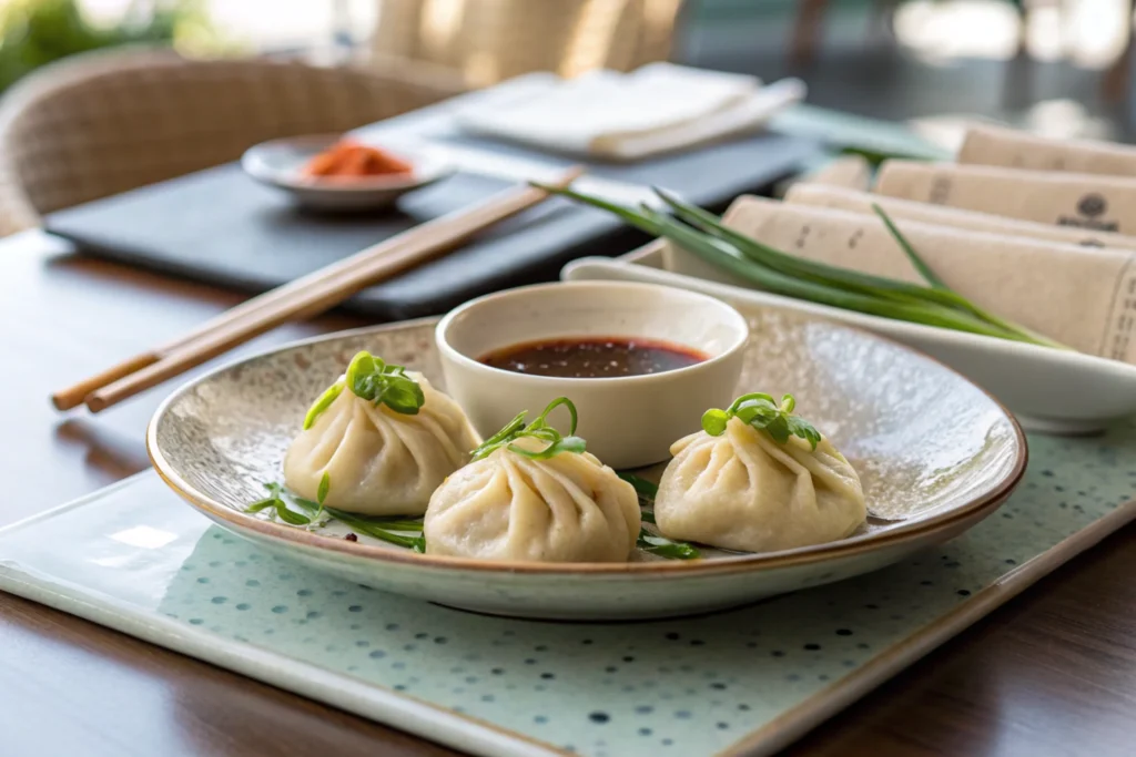 Cooked soup dumplings served on a plate with dipping sauce and garnishes