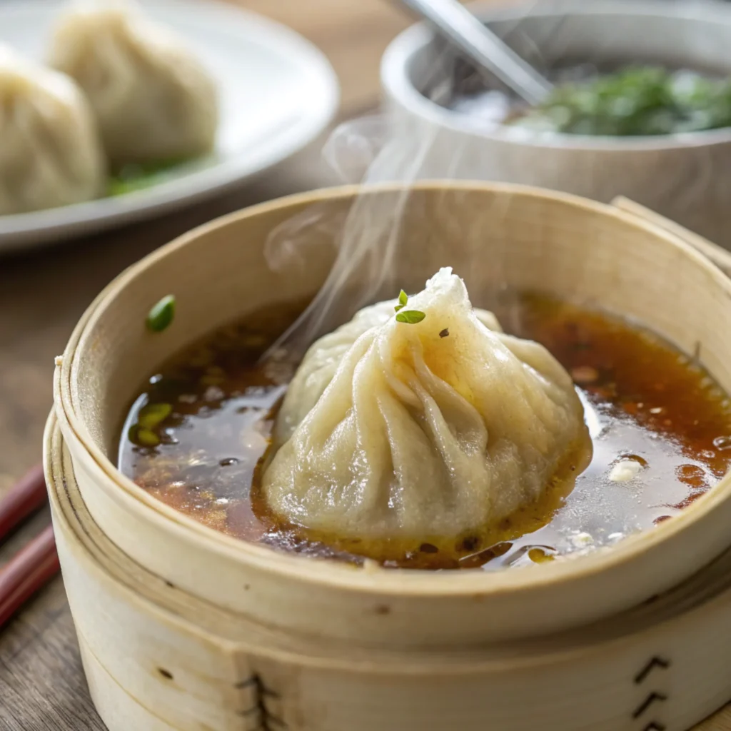 Close-up of steamed soup dumplings showing a translucent wrapper and broth