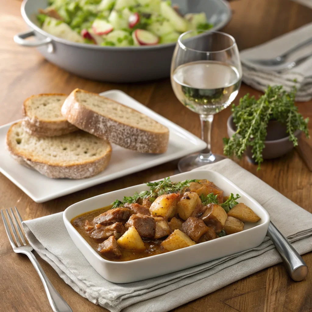 Plate of pork and apple casserole with garnishes, bread, and a side salad