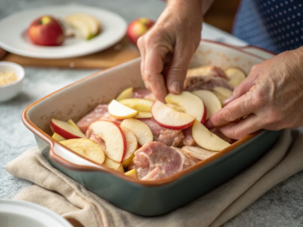 Hands layering ingredients in a dish, captured in a warm kitchen setting