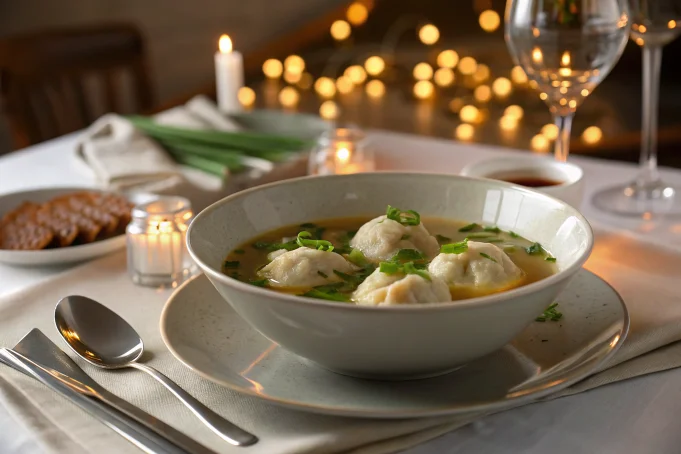 Dumplings served with garnishes on a styled table