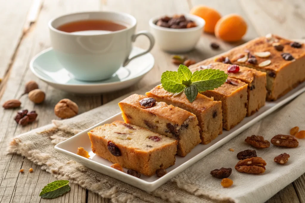 Cake slices on a ceramic plate with powdered sugar, fresh mint, and a cup of tea nearby.