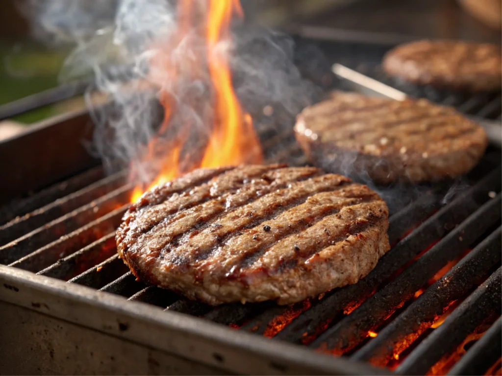 Cooking Process: Describes the beef patty cooking on the grill without overusing the keyphrase.
