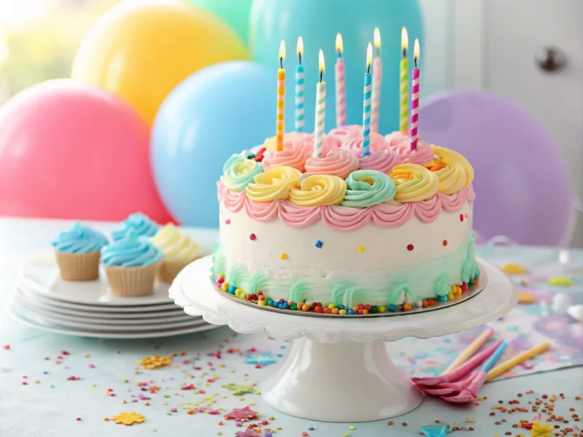 Beautifully decorated birthday cake with colorful frosting and candles, set against a festive background.