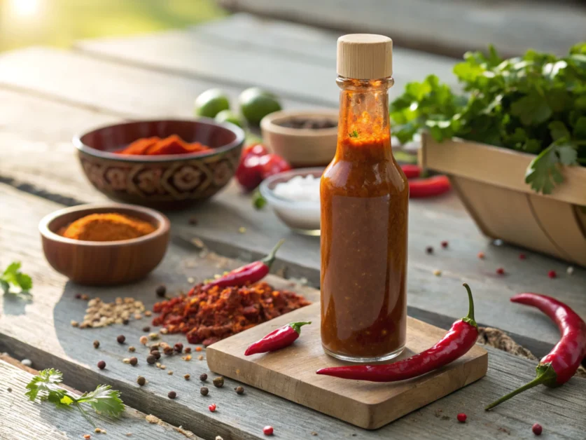 Bottle of spicy sauce with chili peppers and rustic background