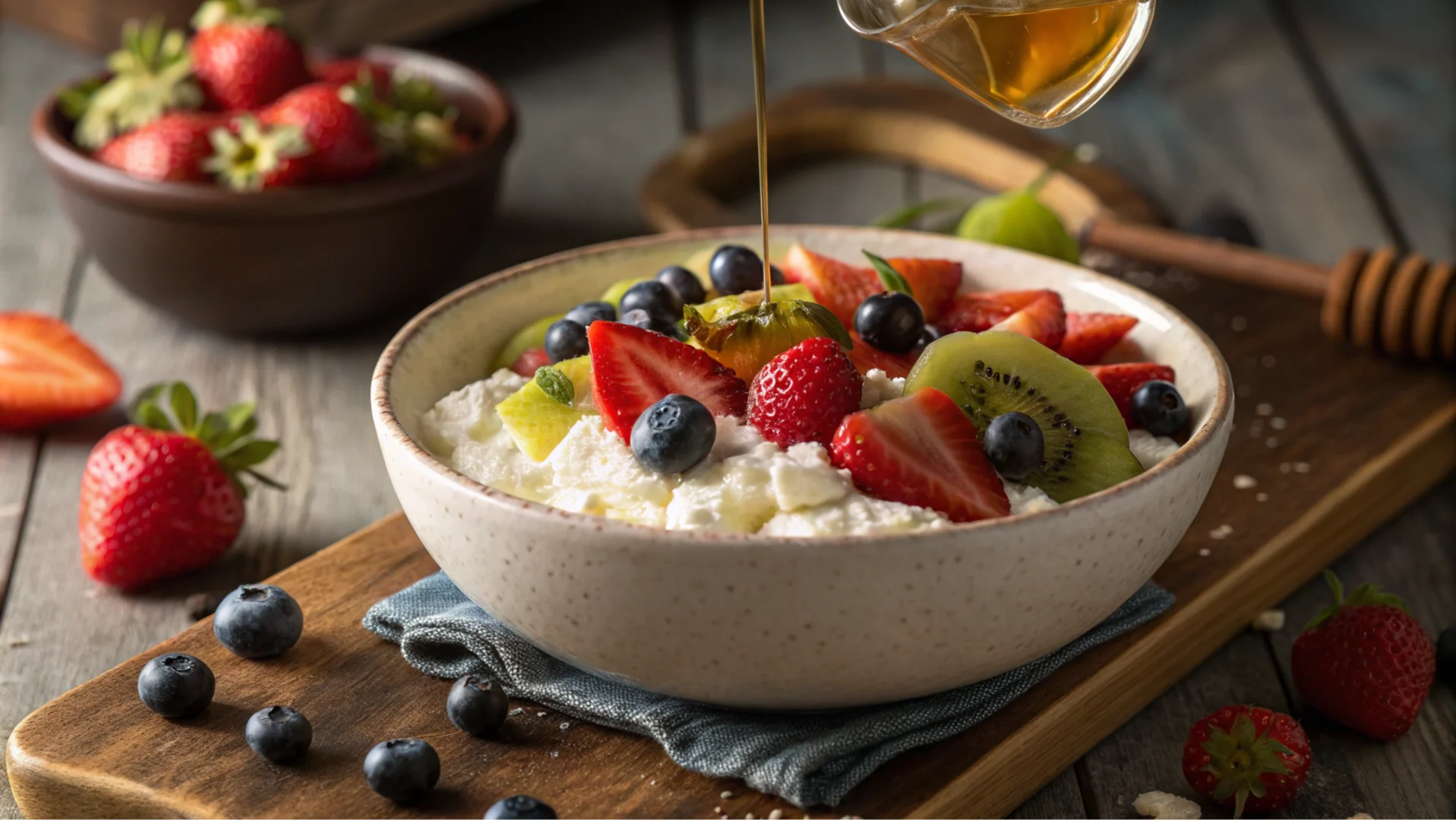 Bowl of creamy cheese topped with fresh fruits and honey on a rustic table