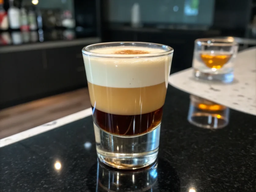 Perfectly layered Butterball Shot in a crystal-clear glass, showcasing distinct golden and creamy layers on a sleek black countertop with ambient lighting.