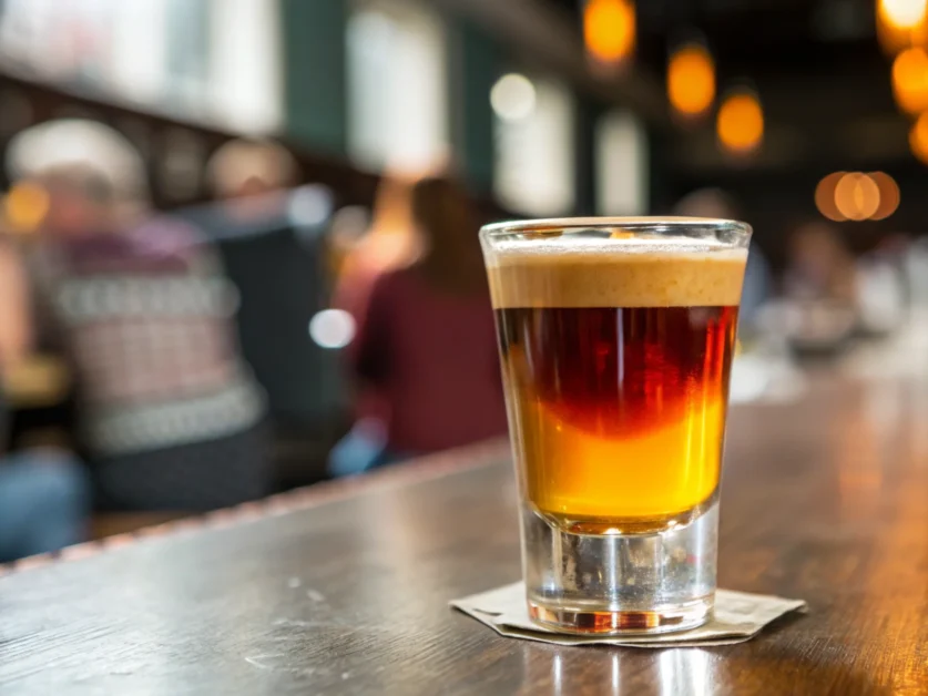 ayered buttery nipple shot in a glass with vibrant lighting and a party ambiance