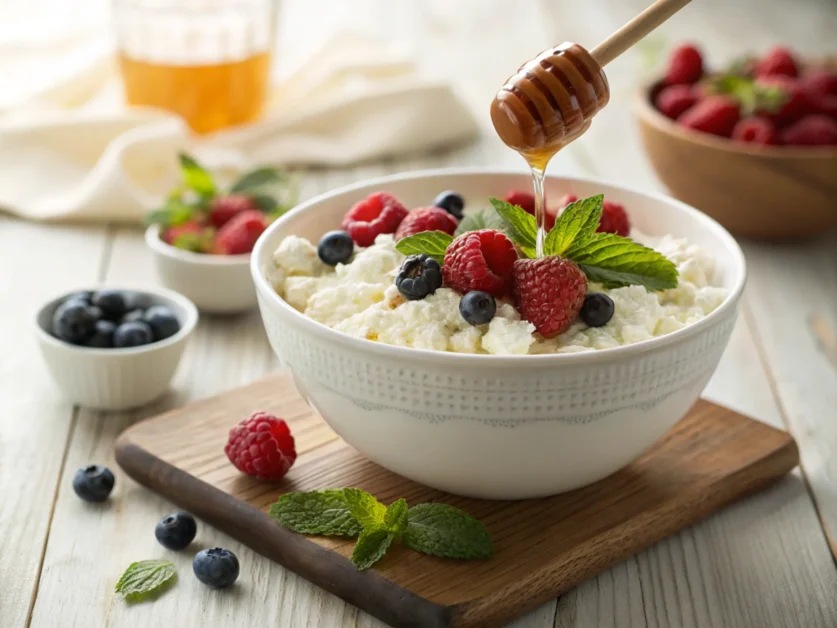 Creamy bowl with fresh berries and honey drizzle