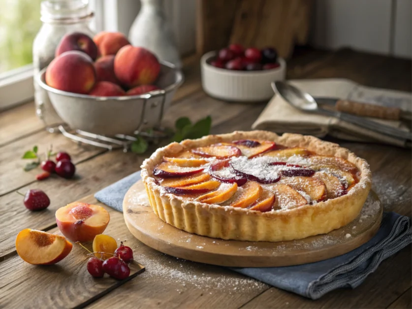 Golden baked dessert with a flaky crust on a rustic table