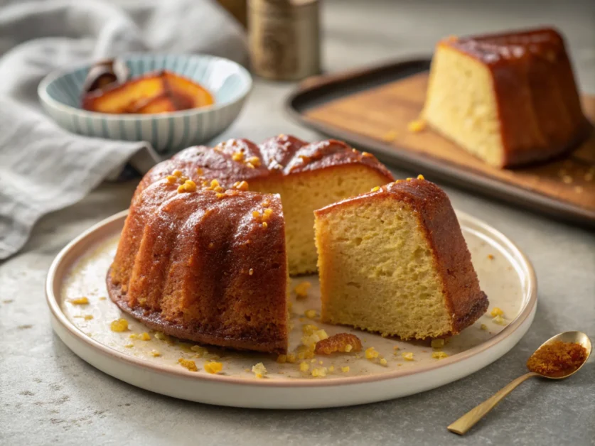 Golden loaf with slices arranged on a modern plate under soft natural lighting