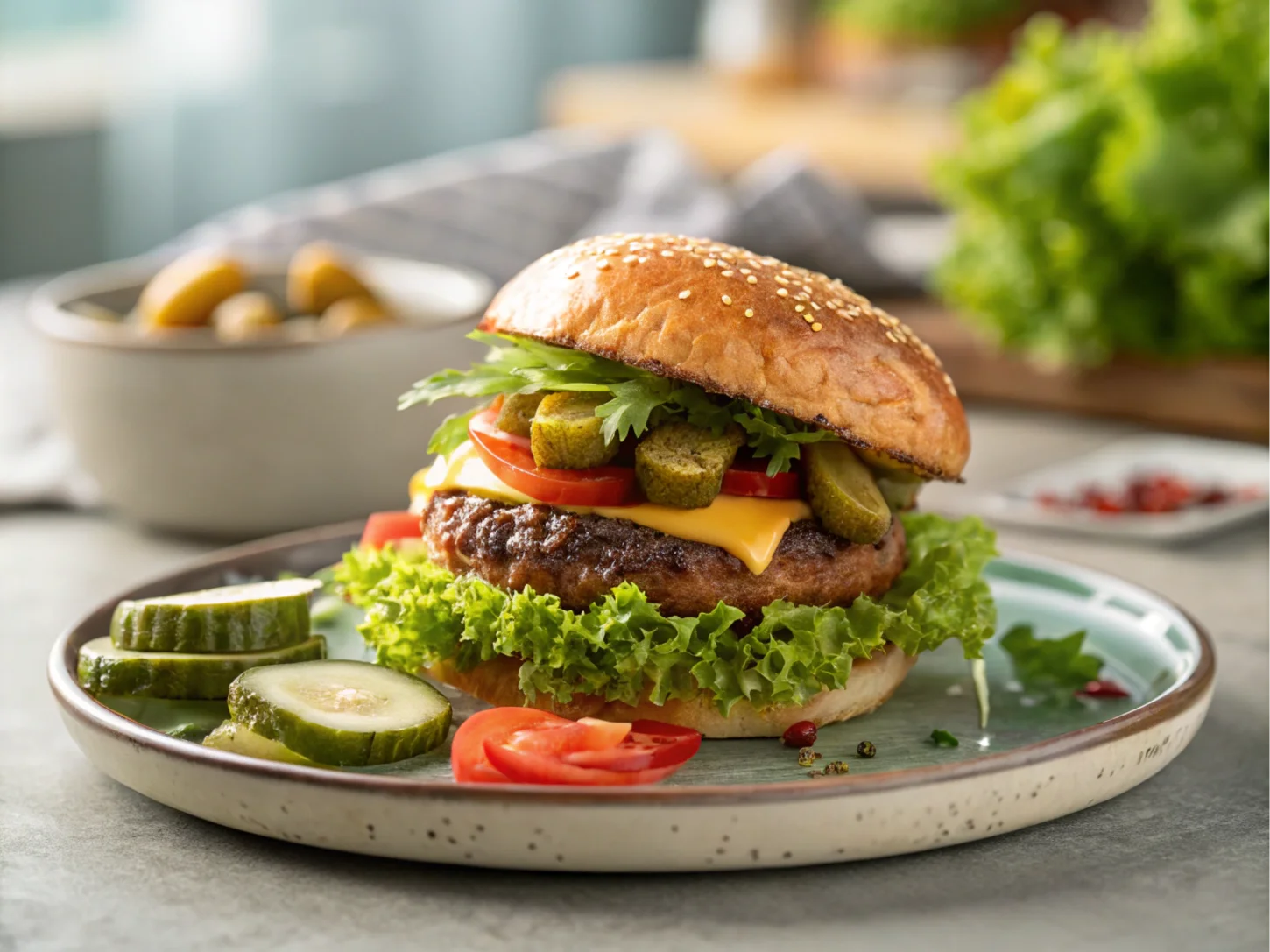 A beautifully plated burger with fresh garnishes on a ceramic plate