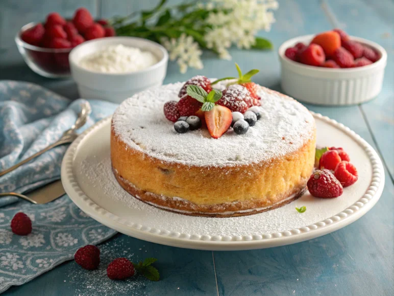 Moist kefir cake garnished with powdered sugar on a ceramic plate