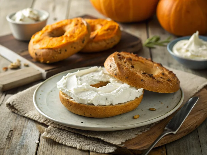 Pumpkin bagel with cream cheese on a rustic plate