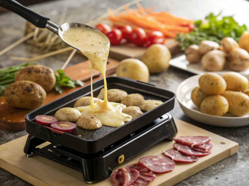 Beautifully presented raclette setup with melted cheese over potatoes and charcuterie.