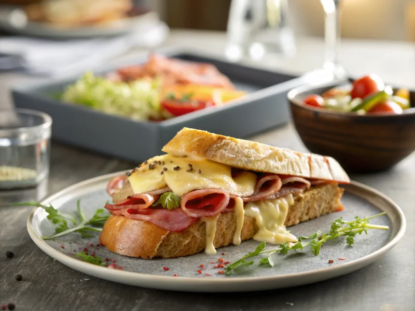 Beautifully plated sandwich on a modern ceramic plate with vibrant natural lighting and an elegant presentation.