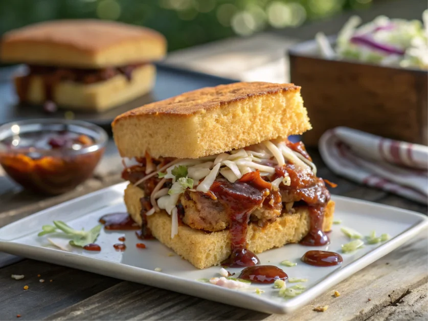 Golden cornbread sandwich topped with BBQ sauce and coleslaw, served on a rustic plate with a blurred background