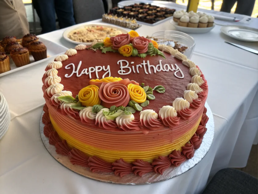 Beautifully decorated cake with vibrant frosting and candles