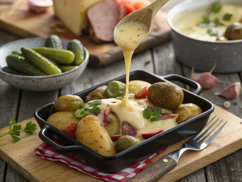 Cheese melted over potatoes and vegetables, served on a rustic wooden table.