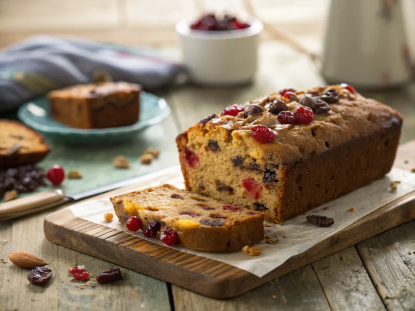 Sliced cake on a rustic table with natural lighting