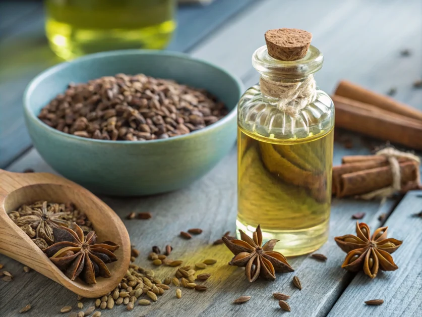 A glass bottle of oil surrounded by seeds and star-shaped pods