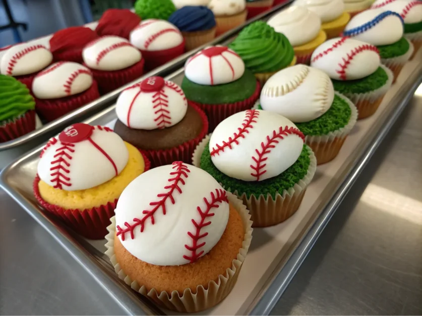 Baseball-themed cupcakes on a tray