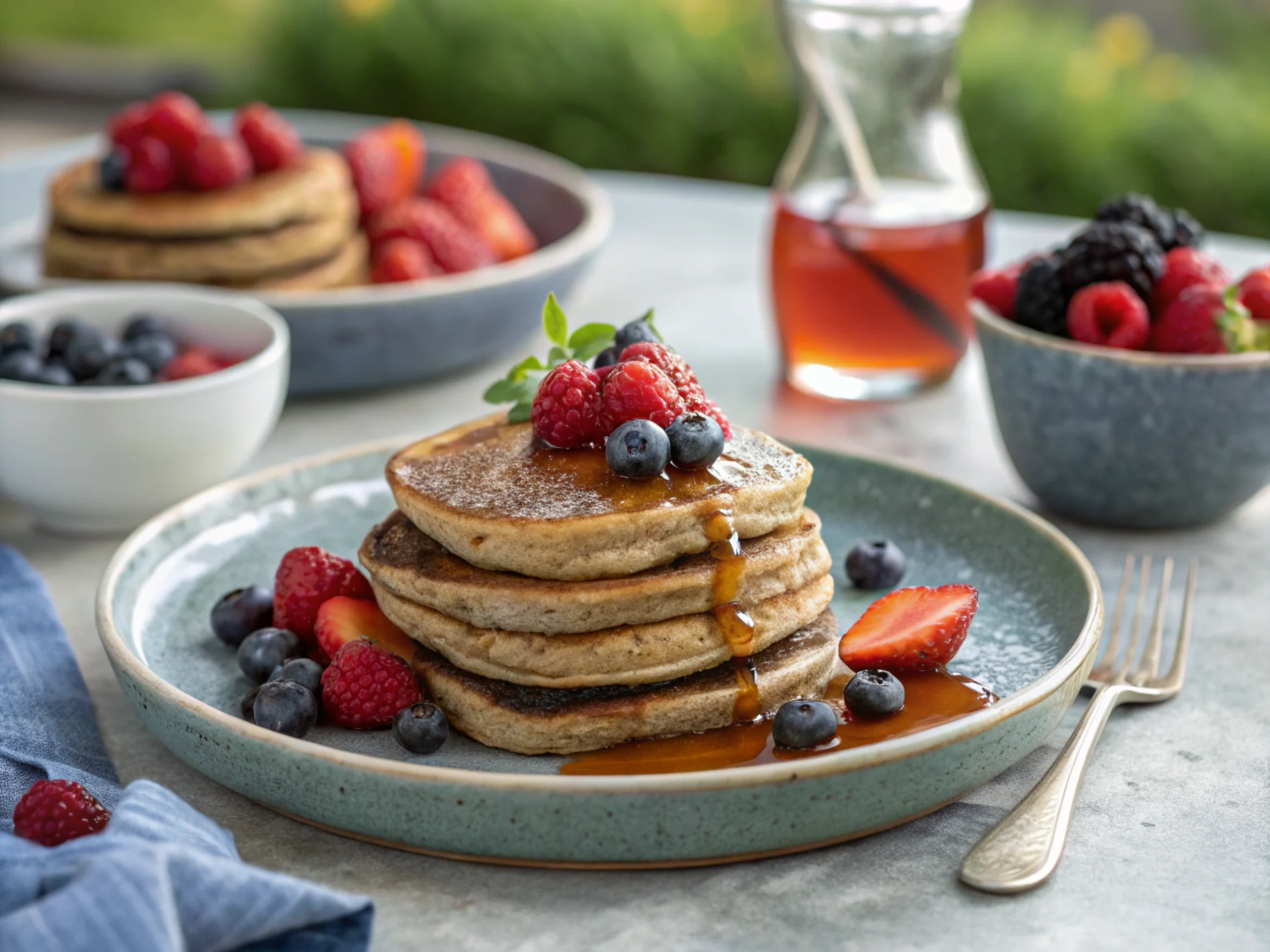 A beautifully plated stack with berries and syrup.