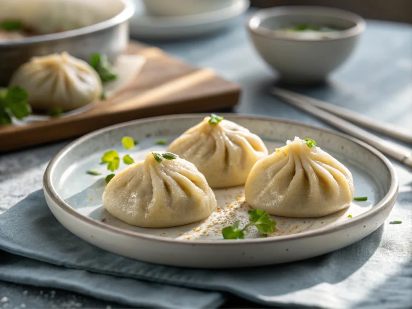 Frozen soup dumplings plated beautifully with vibrant natural lighting and soft shadows