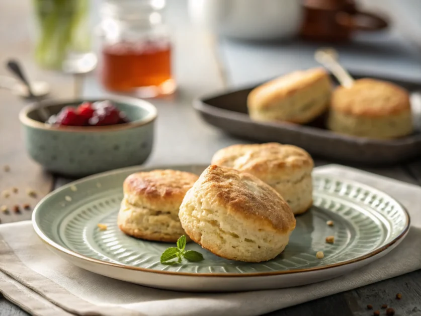 Freshly baked biscuits on a ceramic plate with soft natural lighting.