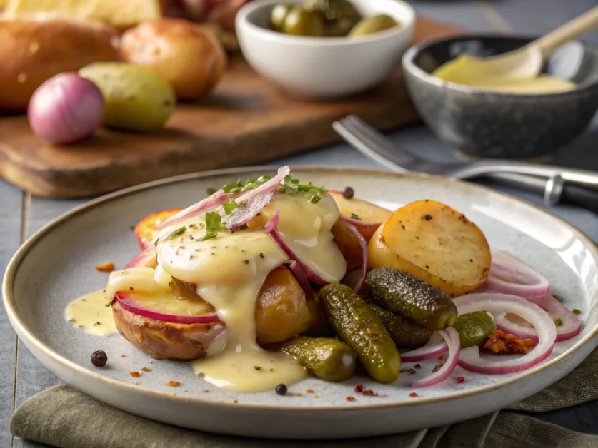 Melted cheese over potatoes with pickles