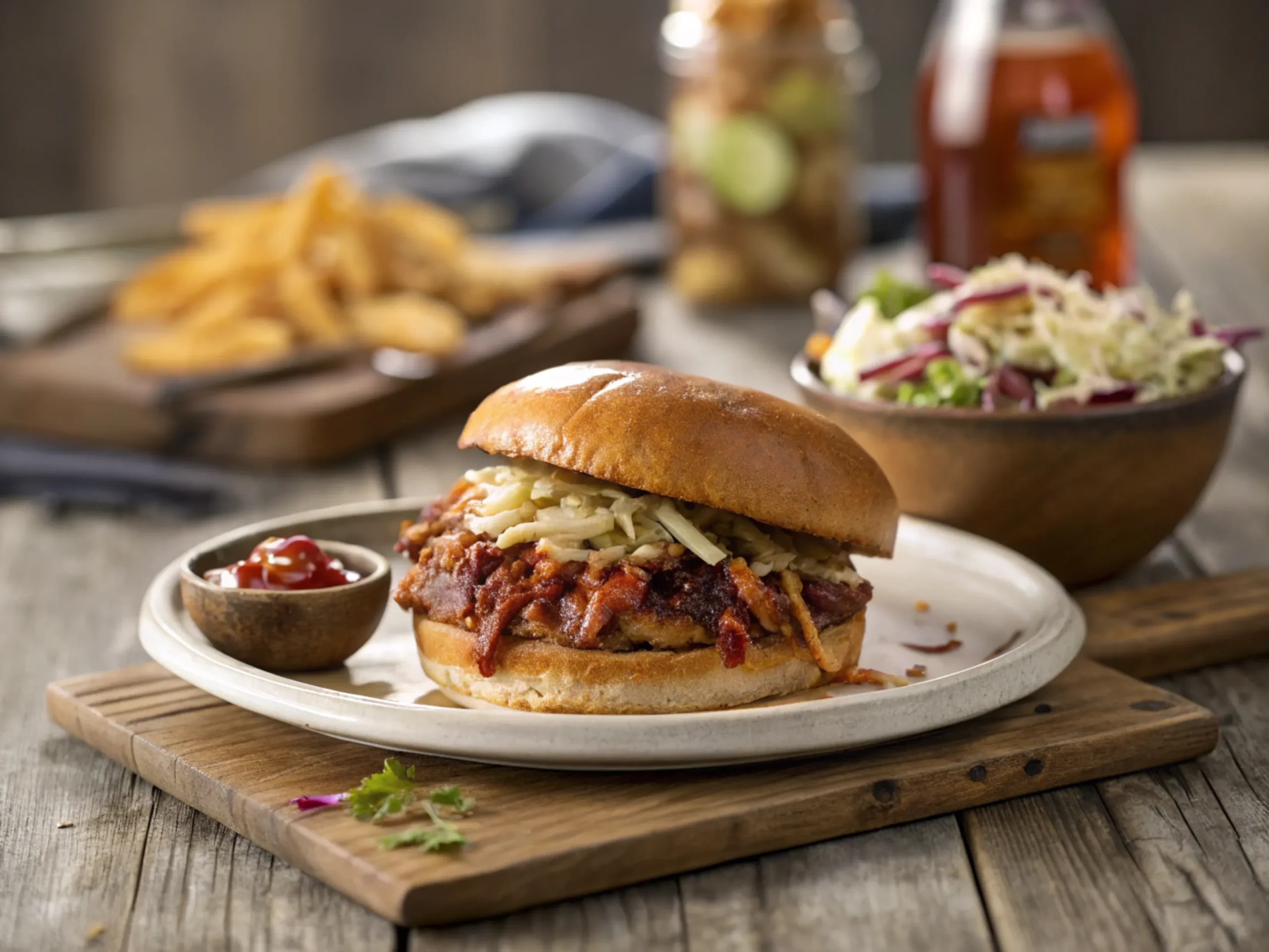 Beautifully plated Memphis Style BBQ Sandwich on a rustic wooden table.