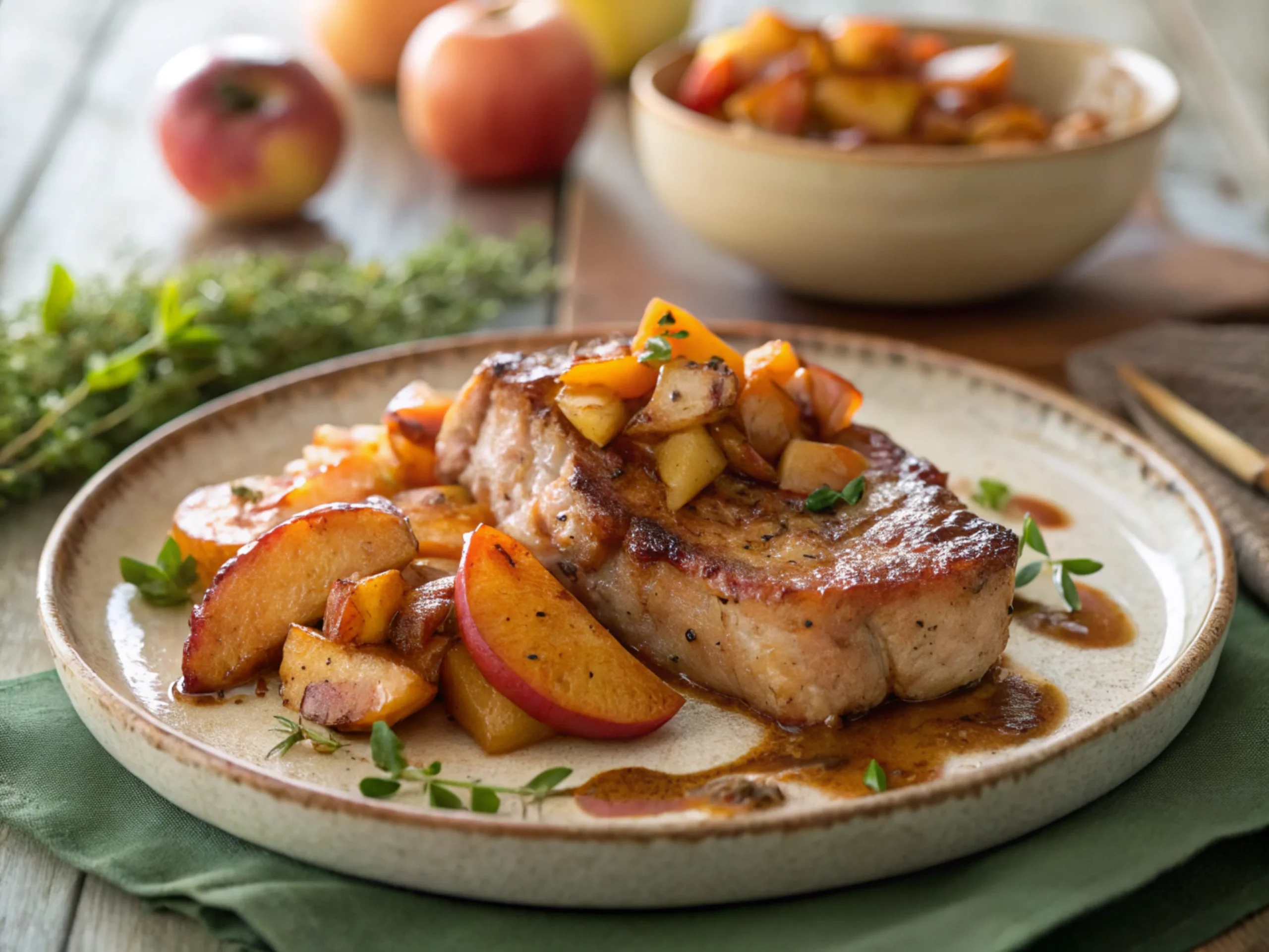 A plated dish with caramelized apples and meat