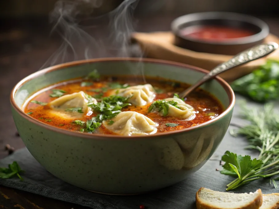 Bowl of soup with dumplings and fresh herbs