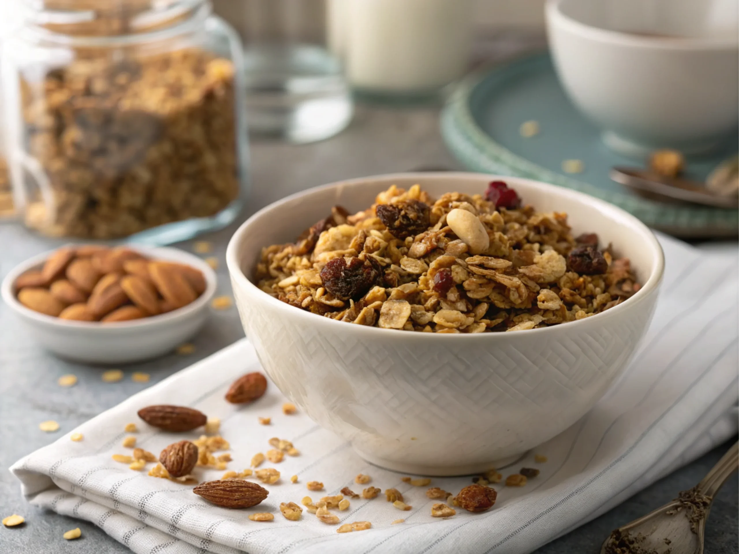 Bowl of granola garnished with nuts, styled on a ceramic plate