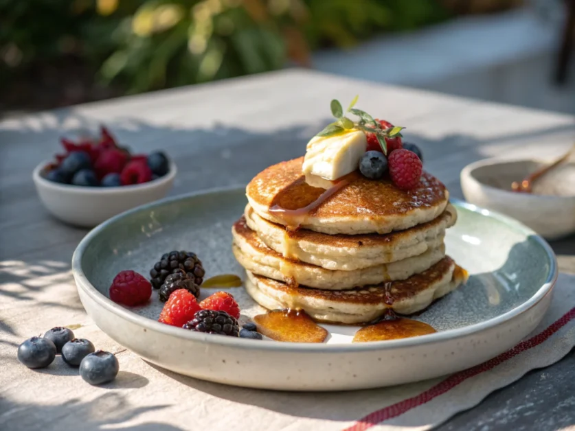 Beautifully plated pancakes on a modern ceramic plate, highlighted by vibrant natural lighting and a professional presentation.