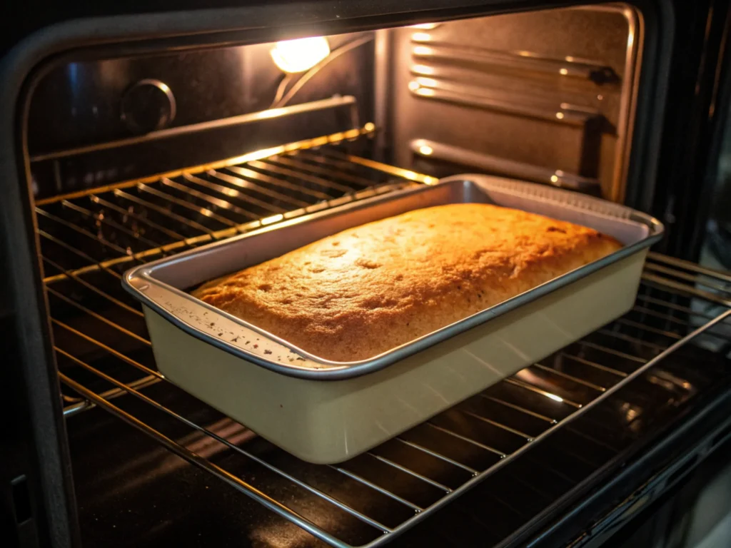 Cake baking in an oven with a golden crust forming